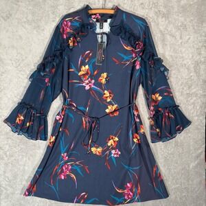 C.‎ Wonder Christian Siriano Navy Floral Ruffle Dress 2X New Keyhole Tie NWT